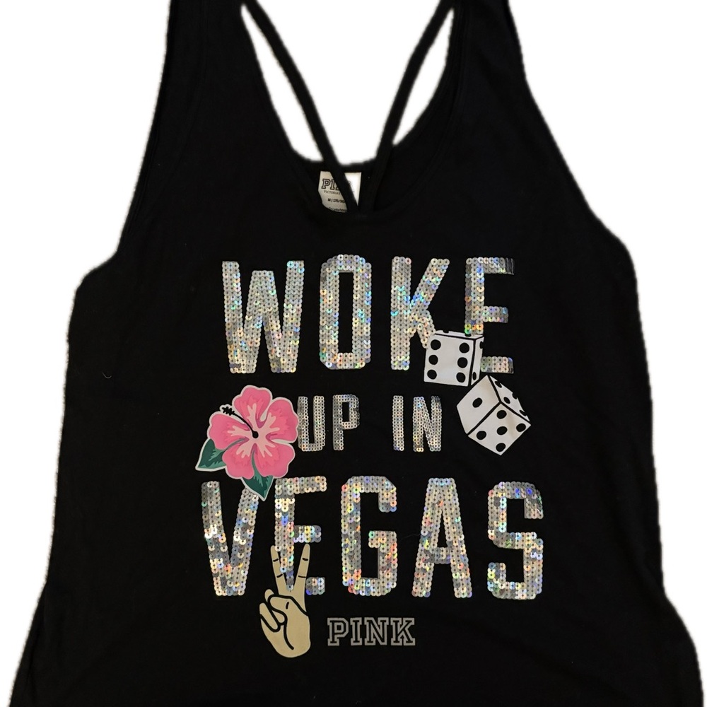 PINK Victoria's Secret Black Sleeveless Graphic sequined Tank Top - Picture 1 of 6